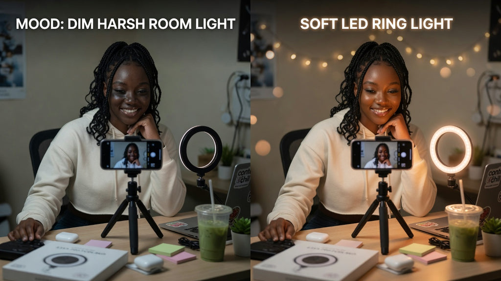 Before / after soft LED ring light — creator desk