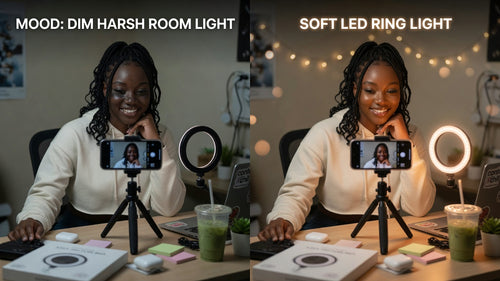 Before / after soft LED ring light — creator desk