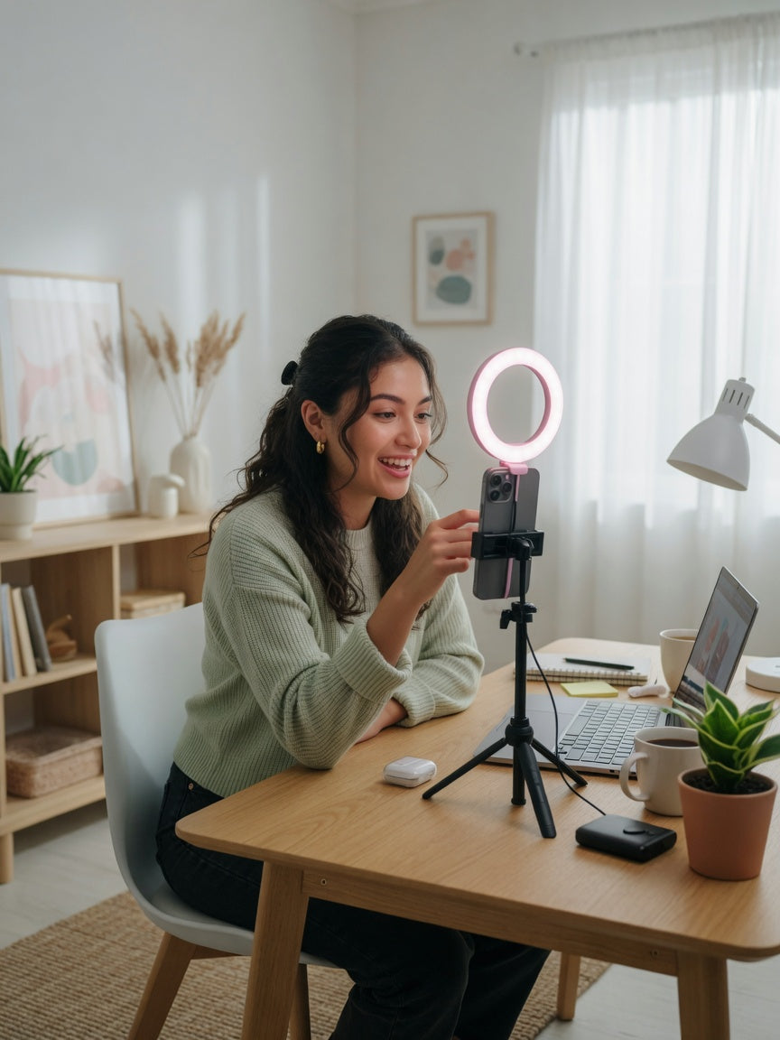 Kitora ring light on desk — soft creator lighting